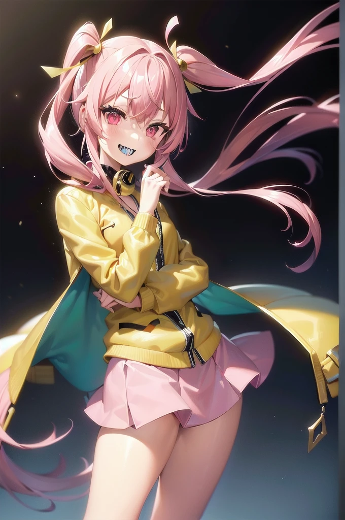 ((solo))),(((1 girl))), beautiful, illustration, extremely detailed skin, masterpiece, best quality, vibrant colors, depth of field, cinematic lighting, sharp focus, (anime screencap:1.1), blush, big smile, (((shiny skin))), stadium,, ((no humans)), (((looking at viewer))), cowboy shot, pose, pokemon iono, blue hair, bow-shaped hair, character hair ornament, hair ornament, long hair, low-tied long hair, multicolored hair, pink hair, sharp teeth, split-color hair, twintails, two-tone hair, (pink eyes:1.5), asymmetrical legwear, bell, bow-shaped hair, character hair ornament, hexagon print, oversized clothes, pantyhose, single leg pantyhose, split-color hair, jacket, (yellow jacket:1.5),