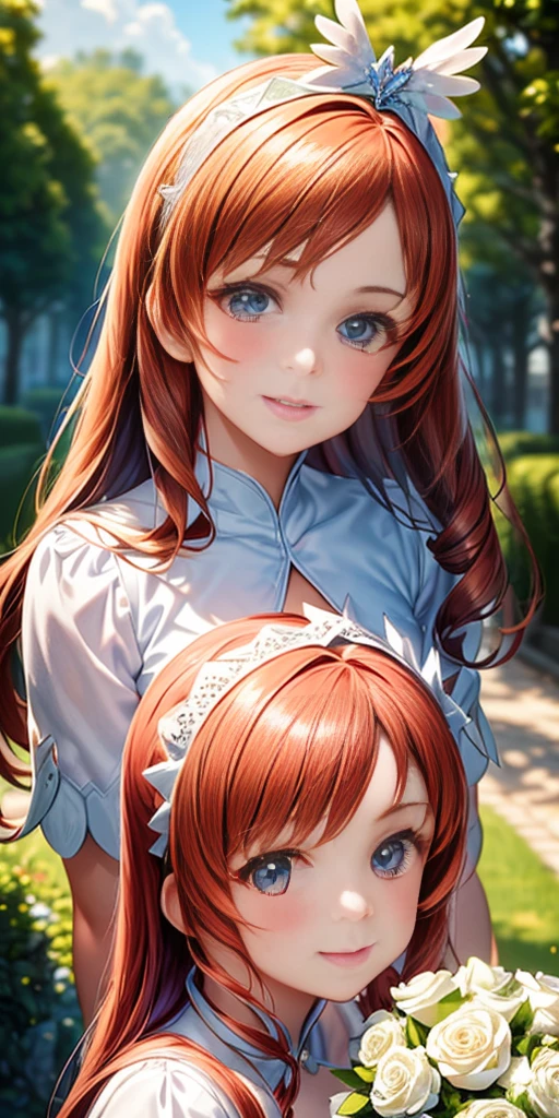 best quality,4k,8k,highres,masterpiece:1.2,ultra-detailed,realistic:1.37,portrait,beautiful mother and daughter in an Italian garden,medium:oils,classic Italian style,soft and warm colors,gentle lighting,delicate brush strokes,artistic masterpiece,pastel-hued flowers,bright blue sky and fluffy white clouds,fine details on their dresses,mother wearing an elegant white gown,daughter in a white dress with delicate lace,sparkling tiaras on their heads,smiling and joyful expressions,daughter holding a bouquet of white roses,embrace of love and innocence,subtle sunlight filtering through the trees,whisper of a gentle breeze,tranquil and peaceful atmosphere,mother's loving gaze,daughter's eyes full of excitement and joy,overall scene exudes purity and serenity.