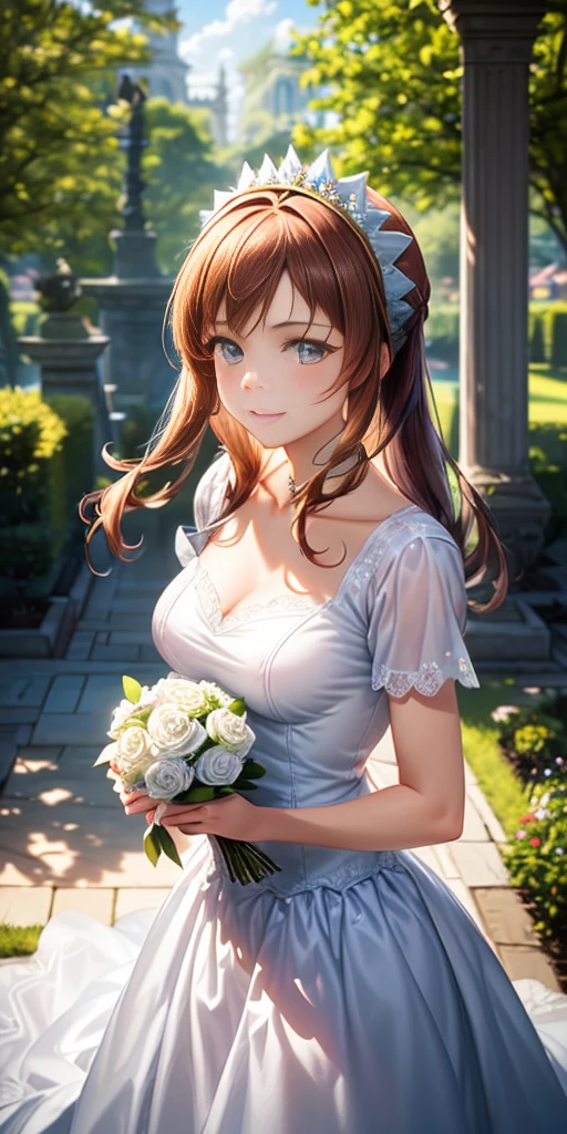 best quality,4k,8k,highres,masterpiece:1.2,ultra-detailed,realistic:1.37,portrait,beautiful mother and daughter in an Italian garden,medium:oils,classic Italian style,soft and warm colors,gentle lighting,delicate brush strokes,artistic masterpiece,pastel-hued flowers,bright blue sky and fluffy white clouds,fine details on their dresses,mother wearing an elegant white gown,daughter in a white dress with delicate lace,sparkling tiaras on their heads,smiling and joyful expressions,daughter holding a bouquet of white roses,embrace of love and innocence,subtle sunlight filtering through the trees,whisper of a gentle breeze,tranquil and peaceful atmosphere,mother's loving gaze,daughter's eyes full of excitement and joy,overall scene exudes purity and serenity.