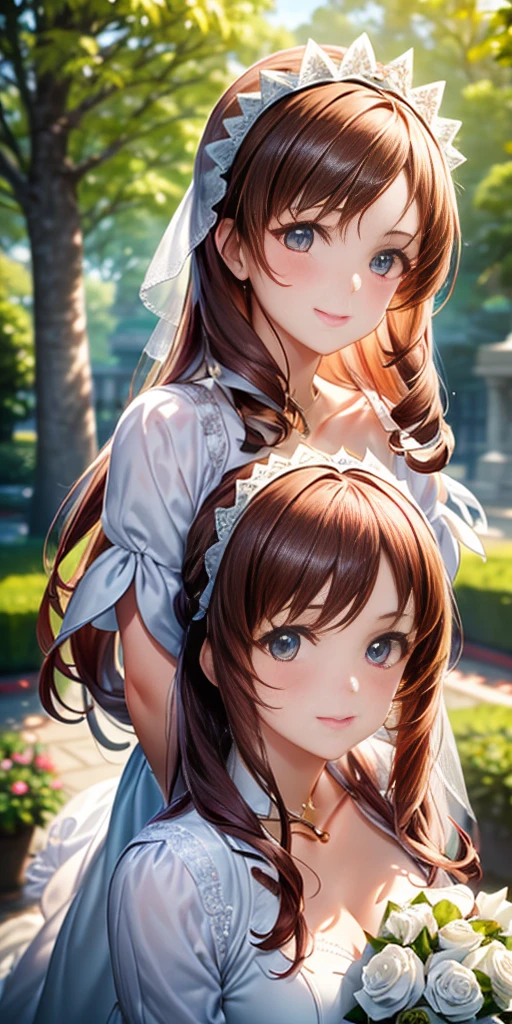 best quality,4k,8k,highres,masterpiece:1.2,ultra-detailed,realistic:1.37,portrait,beautiful mother and daughter in an Italian garden,medium:oils,classic Italian style,soft and warm colors,gentle lighting,delicate brush strokes,artistic masterpiece,pastel-hued flowers,bright blue sky and fluffy white clouds,fine details on their dresses,mother wearing an elegant white gown,daughter in a white dress with delicate lace,sparkling tiaras on their heads,smiling and joyful expressions,daughter holding a bouquet of white roses,embrace of love and innocence,subtle sunlight filtering through the trees,whisper of a gentle breeze,tranquil and peaceful atmosphere,mother's loving gaze,daughter's eyes full of excitement and joy,overall scene exudes purity and serenity.