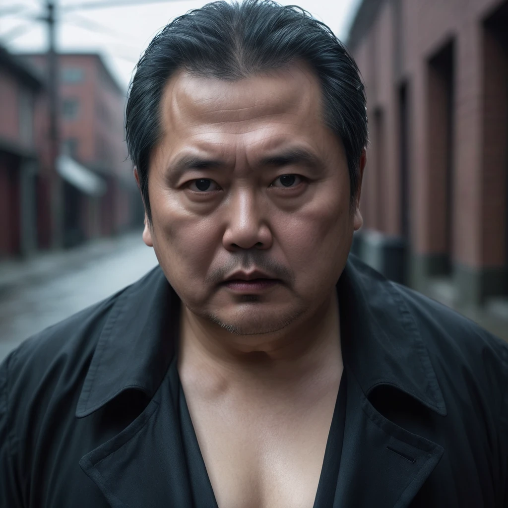 Chubby man in a black trench coat, Shirtless ,Asian 50 year old,horror, dark atmosphere, moody lighting, dramatic shadows, cinematic composition, intense gaze, mysterious expression, ominous presence, unsettling ambiance, atmospheric, detailed facial features, realistic skin textures, high level of detail, 8k, cinematic lighting, photorealistic, masterpiece