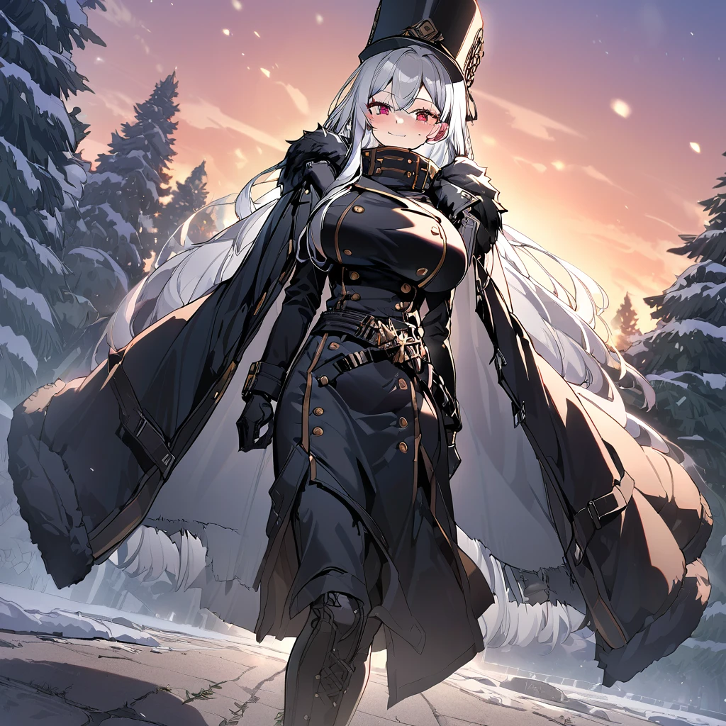 A woman wearing a long black cold-weather jacket, golden buttons on the cold-weather jacket, black leather boots, long black cold-weather cape, big breasts, black traditional Russian hat, white hair, long hair, red eyes, smiling, walking in a concrete sidewalk, wide view of an open field in the winter period, pine trees in the background covered in light, sunset, black glove, standing upright, UHD , prime work , accurate , anatomically correct , textured skin , super details , high quality , best quality, 8k, high resolution, bokeh effect. (woman alone)
