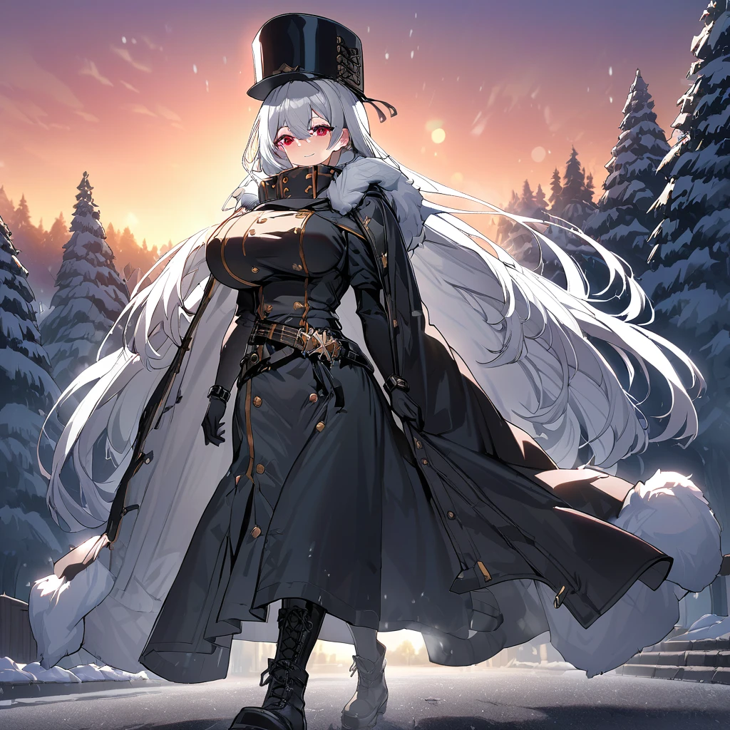 A woman wearing a long black cold-weather jacket, golden buttons on the cold-weather jacket, black leather boots, long black cold-weather cape, big breasts, black traditional Russian hat, white hair, long hair, red eyes, smiling, walking in a concrete sidewalk, wide view of an open field in the winter period, pine trees in the background covered in light, sunset, black glove, standing upright, UHD , prime work , accurate , anatomically correct , textured skin , super details , high quality , best quality, 8k, high resolution, bokeh effect. (woman alone)
