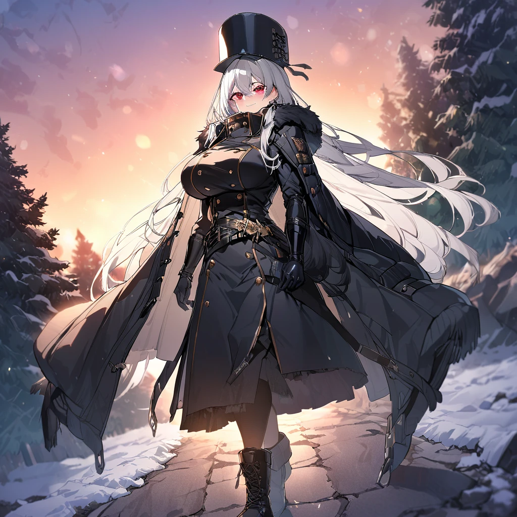 A woman wearing a long black cold-weather jacket, golden buttons on the cold-weather jacket, black leather boots, long black cold-weather cape, big breasts, black traditional Russian hat, white hair, long hair, red eyes, smiling, walking in a concrete sidewalk, wide view of an open field in the winter period, pine trees in the background covered in light, sunset, black glove, standing upright, UHD , prime work , accurate , anatomically correct , textured skin , super details , high quality , best quality, 8k, high resolution, bokeh effect. (woman alone)
