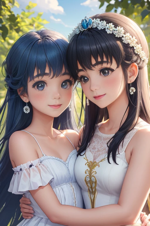 best quality,4k,8k,highres,masterpiece:1.2,ultra-detailed,realistic:1.37,portrait,beautiful mother and daughter in an Italian garden,medium:oils,classic Italian style,soft and warm colors,gentle lighting,delicate brush strokes,artistic masterpiece,pastel-hued flowers,bright blue sky and fluffy white clouds,fine details on their dresses,mother wearing an elegant white gown,daughter in a white dress with delicate lace,sparkling tiaras on their heads,smiling and joyful expressions,daughter holding a bouquet of white roses,embrace of love and innocence,subtle sunlight filtering through the trees,whisper of a gentle breeze,tranquil and peaceful atmosphere,mother's loving gaze,daughter's eyes full of excitement and joy,overall scene exudes purity and serenity.