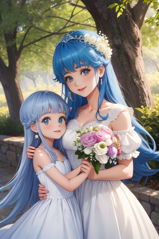 best quality,4k,8k,highres,masterpiece:1.2,ultra-detailed,realistic:1.37,portrait,beautiful mother and daughter in an Italian garden,medium:oils,classic Italian style,soft and warm colors,gentle lighting,delicate brush strokes,artistic masterpiece,pastel-hued flowers,bright blue sky and fluffy white clouds,fine details on their dresses,mother wearing an elegant white gown,daughter in a white dress with delicate lace,sparkling tiaras on their heads,smiling and joyful expressions,daughter holding a bouquet of white roses,embrace of love and innocence,subtle sunlight filtering through the trees,whisper of a gentle breeze,tranquil and peaceful atmosphere,mother's loving gaze,daughter's eyes full of excitement and joy,overall scene exudes purity and serenity.