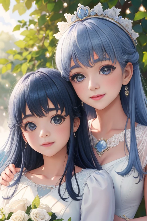 best quality,4k,8k,highres,masterpiece:1.2,ultra-detailed,realistic:1.37,portrait,beautiful mother and daughter in an Italian garden,medium:oils,classic Italian style,soft and warm colors,gentle lighting,delicate brush strokes,artistic masterpiece,pastel-hued flowers,bright blue sky and fluffy white clouds,fine details on their dresses,mother wearing an elegant white gown,daughter in a white dress with delicate lace,sparkling tiaras on their heads,smiling and joyful expressions,daughter holding a bouquet of white roses,embrace of love and innocence,subtle sunlight filtering through the trees,whisper of a gentle breeze,tranquil and peaceful atmosphere,mother's loving gaze,daughter's eyes full of excitement and joy,overall scene exudes purity and serenity.