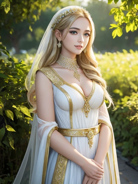 (Highest quality,Super detailed,High resolution,masterpiece,8K),Bright and vibrant colors,Official artwork,Greek white costume,Stylish makeup,Mid-length, shiny blonde hair fluttering in the wind,Captivating eyes,Glossy Lips,Beautiful woman with ample breasts,Beautiful neck line, Holding,Captivating smile,whole body,A solemn atmosphere,Old Temple,garden,,Detailed CG,