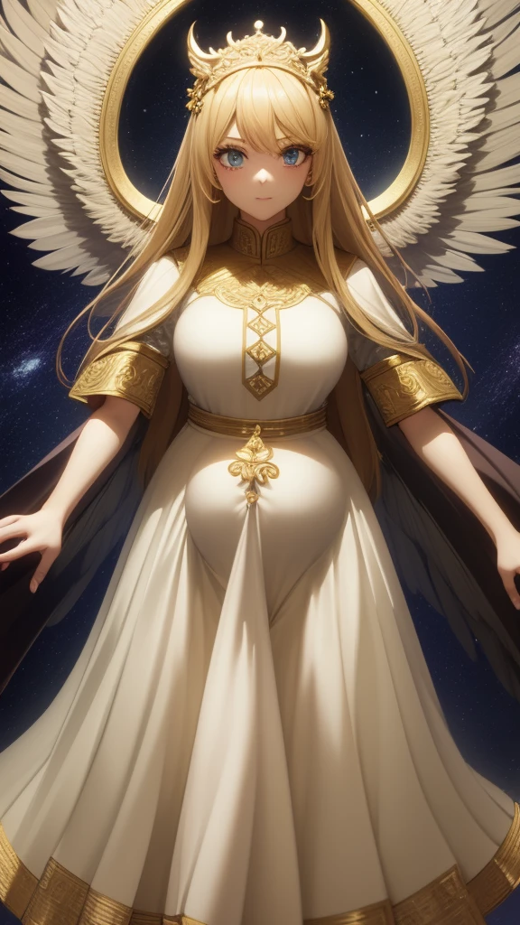 ((masterpiece, best quality;1.3)), ultra - detailed，plethora of colors，extremely detailed and beautiful background，1girl，solo，beautiful  face，Angelic，Detailed angel costume in gold，Wings Angel，feater，Fantasy landscape，epic,The sword,holdingsword,undefined,Qiancheng Xue,，Full body photo，Pregnant belly, maternity attire for pregnant women，maternity dress，pregnant belly，Pregnant belly
