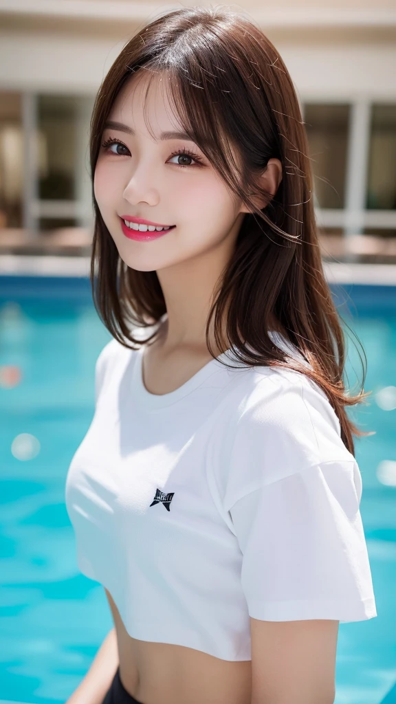 Highest quality, figure, Super detailed, In detail, High resolution, 32k wallpapers, Perfect dynamic composition, Beautiful attention to detail, Random top model white t-shirt with bare midriff,Bob Perm Hair,Center of chest,Big beautiful cat-like eyes, Cute Button Nose, Small and fairly full lips, Thick eyebrows and long, beautiful eyelashes. Transparent throughout makeup, Apply blush to your cheeks,Dark eyeliner,Lip gloss makes it sparkle. Walking Pose,smile,white and clean teeth,Indoor swimming pool background
