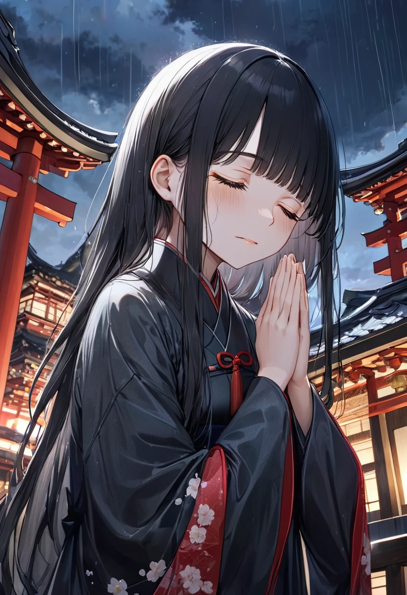 low angle, (Memorial ,style) (Pressing palms together in prayer, looking at sky) (in a lady Mourning Costume), break, (solo:2, 15 yo, blunt bangs:1.2 black hair long hair girl, sad closed eyes, tears of eyes), (praying to Grandmother), in the night Dazaifu Tenmangu Shrine Memorial Tower rooftop, background Lifestream Covering the night sky, BREAK, perfect ???????, masterpiece, best quality, 16k, beautiful detailed rainy, daydreaming expression.