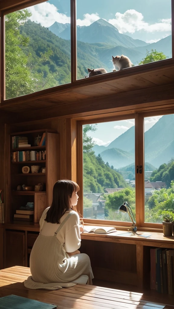 Create an illustration of a “Lofi Girl” inspired by Studio Ghibli, set on a day with a bright blue sky filled with white, fluffy clouds. The scene should capture the serene, magical atmosphere typical of Ghibli films. The Lofi Girl is sitting at a wooden desk by a window, studying or writing in a notebook. She wears cozy, casual clothing reminiscent of characters in Ghibli films, like a simple dress or sweater.

Outside the window, there is a lush, enchanted landscape with vibrant greenery, colorful flowers, and possibly a view of distant mountains or a quaint village. The sky is a brilliant blue with large, white clouds drifting lazily, giving a sense of calm and openness.

Inside the room, include elements that evoke a Ghibli aesthetic: wooden furniture, shelves filled with books and trinkets, soft lighting from a lamp, and maybe a small, fantastical creature or a cat nearby, adding a touch of whimsy. The overall mood should be calm, cozy, and slightly nostalgic, inviting the viewer into a peaceful, otherworldly setting. The bright, sunny day outside should contrast gently with the serene, studious atmosphere inside, creating a harmonious balance between the two worlds.