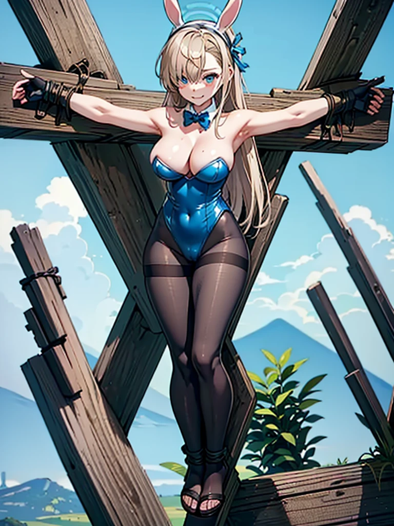 (flabbergasted), asuna ba, looking at viewer, large breasts, ribbon, long hair, light brown hair, smile, ass visible through thighs, hair over one eye, strapless, blue bowtie, black pantyhose,playboy bunny, gloves,animal ears, mole, covered navel, fake animal ears, mole on breast, white gloves,highleg leotard,strapless leotard, bare shoulders, pantyhose, traditional bowtie, rabbit ears,detached collar, bowtie, thighband pantyhose, blue leotard, blue bow, cleavage,high-heels,blue high-heels , halo, solo, blue eyes, 1girl, panties,white background,simple background, show off nipple,REGULAR CROSS HARITSUKE, WOOD CROSS, V LEGS, FOLDED, WRISTS TO ANKLES, BOUND WRISTS, BOUND ANKLES, girl in crucified,full body,