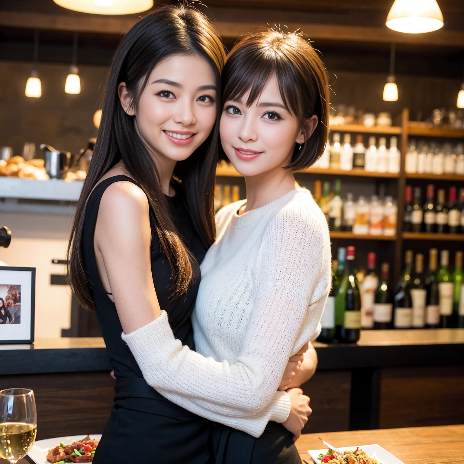 ((Highest quality、8K、masterpiece:1.3))、Rei Dan、slimカップル、Pink rubber、modelカップル、(Realistic, Intricate details:1.2), full-course dinner、Wine Party、Amazing view of the sunset sky and clouds、A bright smile、The wonderfulness of smile、Bright image、The beauty of wine, Beautiful Face, blue eyes, The light shines on your face, Blushing, short hair,Bright Face、 (Age 37), 39 years old, red wine 、Appetizers、Italian food、Wine bottle、Champagne、sparkling wine、Two beauties、Brown Hair、Shortcuts、Long sleeve shirt、dress、Beautiful woman 1, (slimな顔), (The body is slim), (Brown Hair), (Shortcuts), cheeks turn a little red,Attractive beauty、restaurant, In a prominent place (From the waist up) Nova Frog Style, actress, model, Upper Body, White wine, slim, wine glass, 中央に置かれたwine glass, smile, (smile: 1.15), Beautiful fine grain, Depth f/2,saturation, High Contrast, Strong light and shadow,Moist Body:1.5、3D texture、Delicate eyes、Brown Hair、The hair is very shiny、