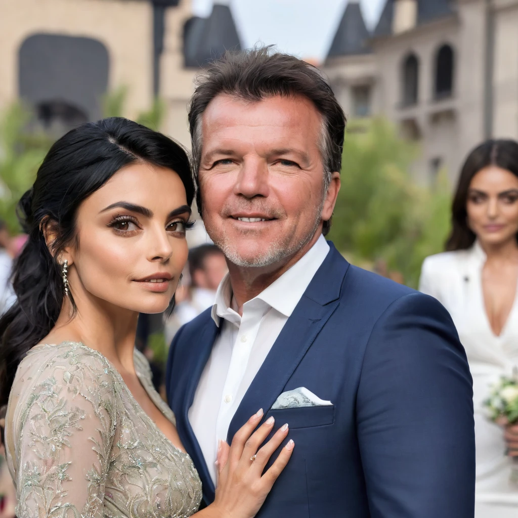 Ayslinn Derbez is 25 years old and Lothar matthäus is 35 years old, they are happy, they are wearing formal clothes, romantic, palace reception