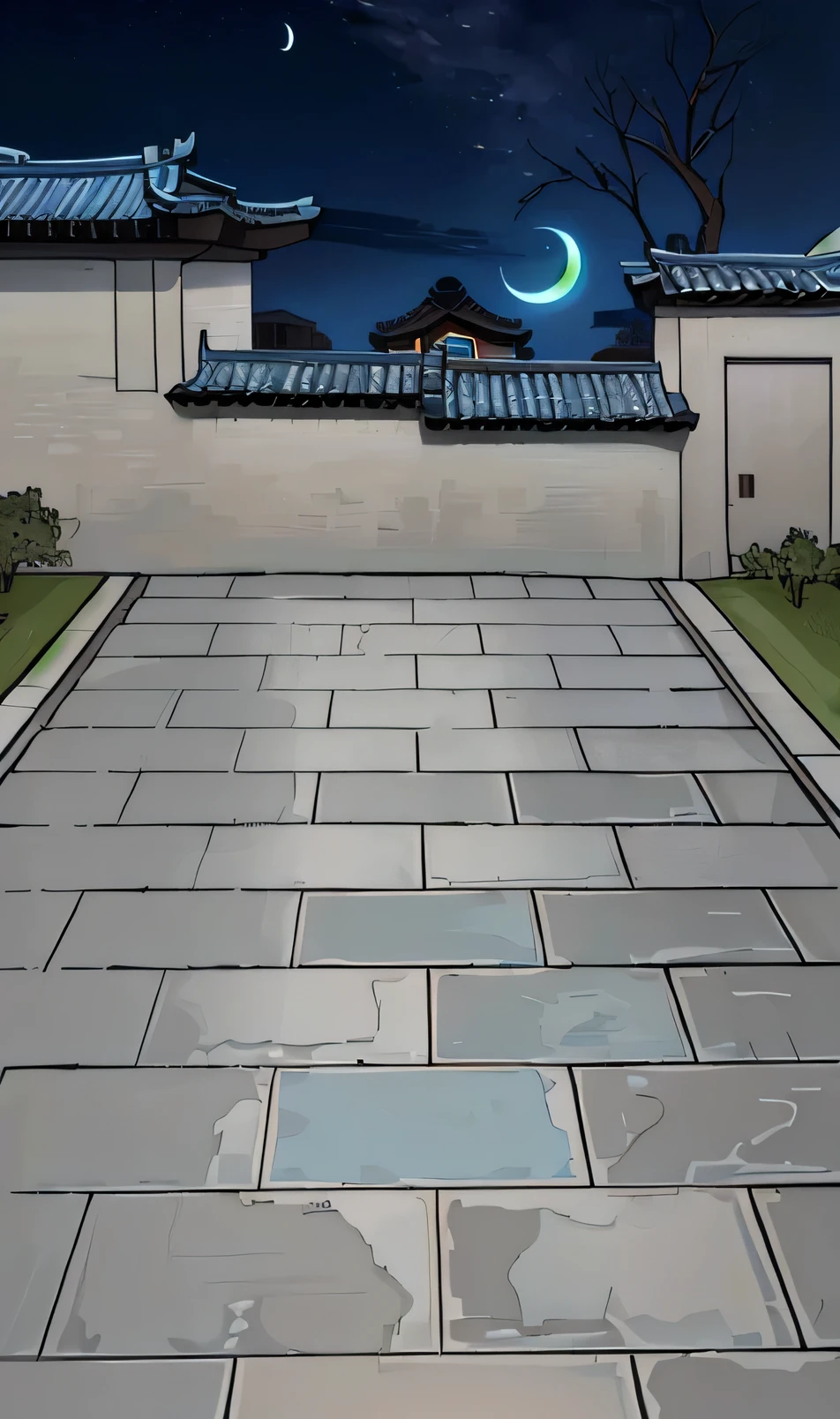 Tang dynasty style,Courtyards and streets in the Tang Dynasty,There is a moon in the sky,There are branches sticking out of the wall,Night Rendering