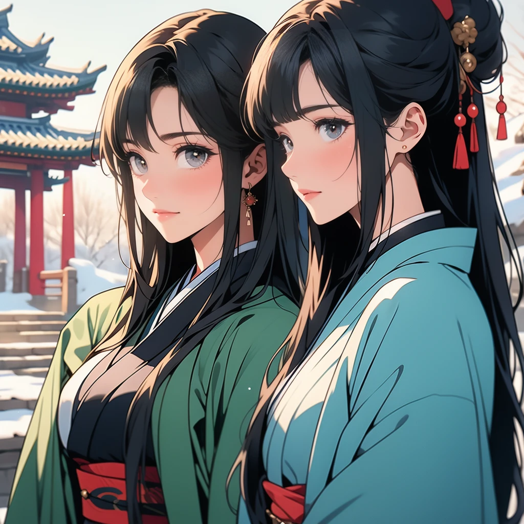 best quality, masterpiece,
New Year, (Kimono with strikingly beautiful colors:1.7),
Three Japanese high-school cute girls, looking straight, gently smiling,
white short scarf, white feather shawl,
(separately side by side:1.4),
(The image shows only the upper body:1.7),
shrine background,
winter(season),(outdoors:1.5)