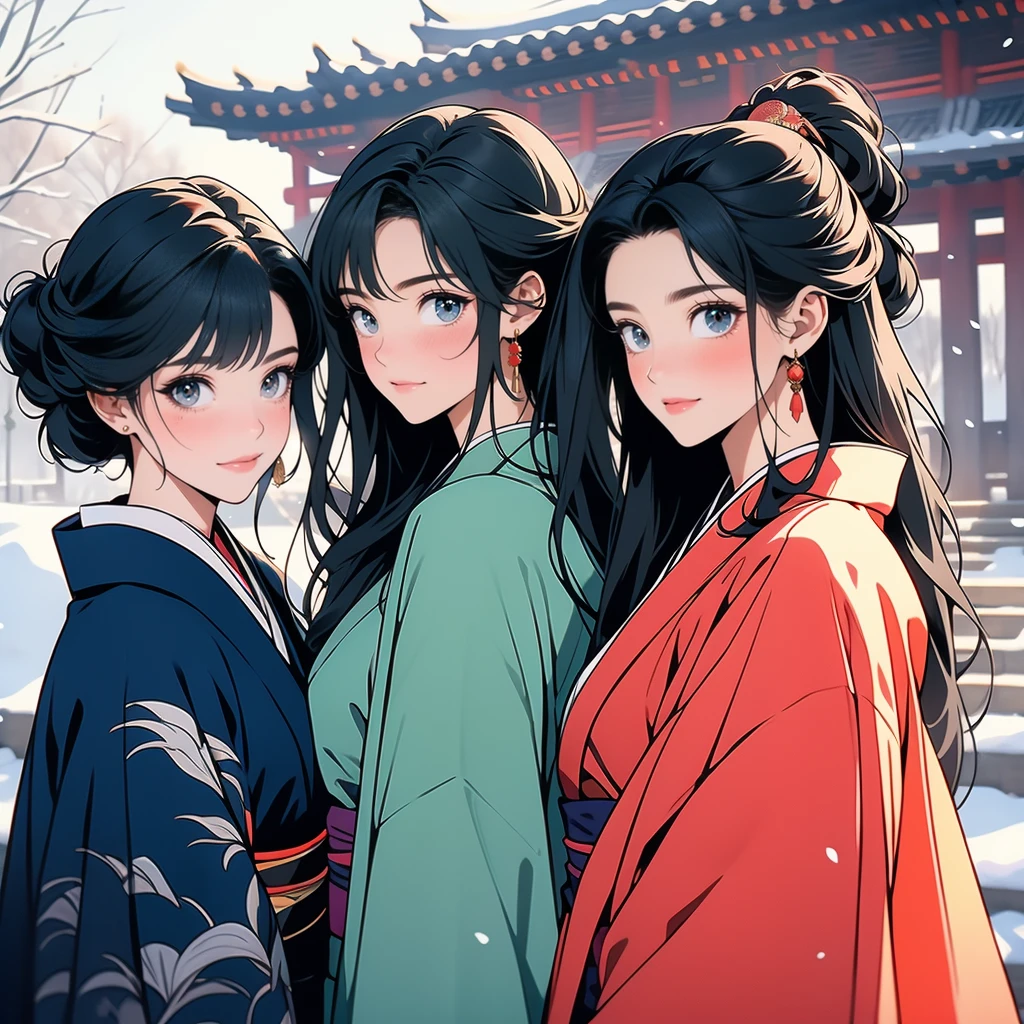 best quality, masterpiece,
New Year, (Kimono with strikingly beautiful colors:1.7),
Three Japanese high-school cute girls, looking straight, gently smiling,
white short scarf, white feather shawl,
(separately side by side:1.4),
(The image shows only the upper body:1.7),
shrine background,
winter(season),(outdoors:1.5)