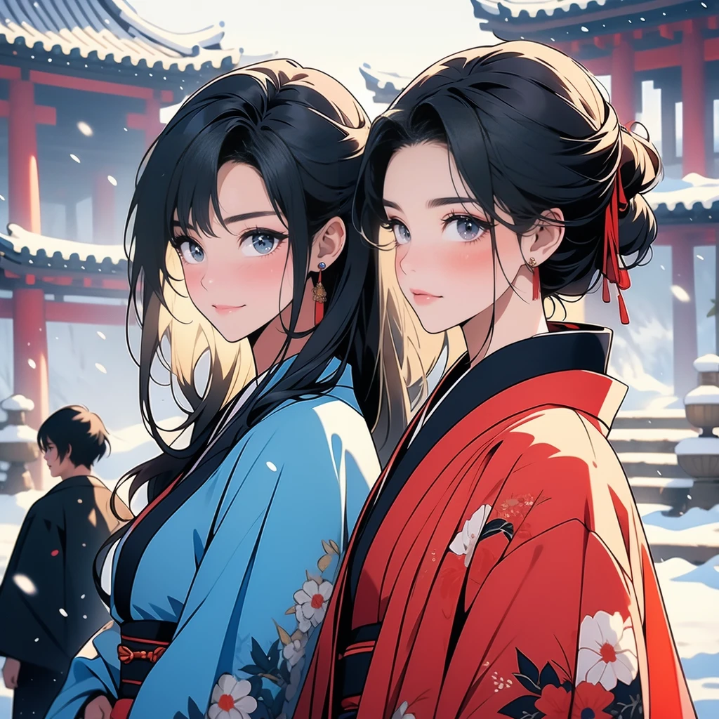best quality, masterpiece,
New Year, (Kimono with strikingly beautiful colors:1.7),
Three Japanese high-school cute girls, looking straight, gently smiling,
white short scarf, white feather shawl,
(separately side by side:1.4),
(The image shows only the upper body:1.7),
shrine background,
winter(season),(outdoors:1.5)