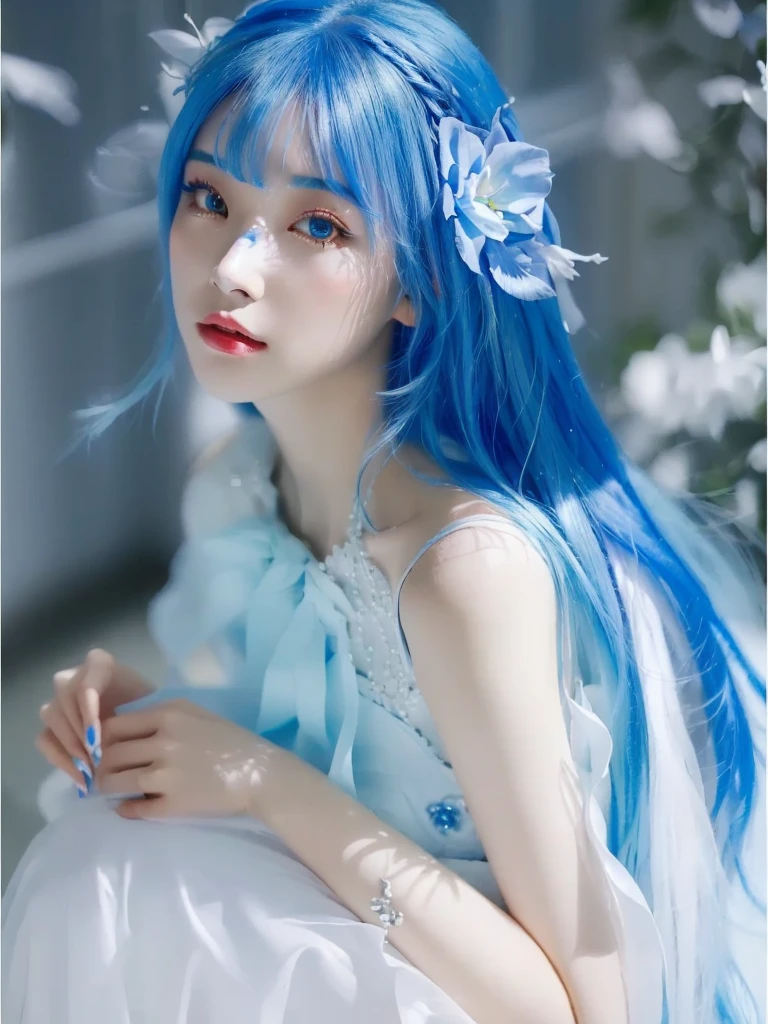 a close up of a woman Blue Hair wearing a white dress, Blue Hair, 飘逸的Blue long hair, Blue and white hair, White Ji haircut, pretty girl Blue Hair, Beautiful blue-haired girl, Blue long hair, Bright blue flowing hair, long 飘逸的Blue long hair, girl Blue Hair, Blue Hair, Blue long hair, Blue Hairtyle，Top of head，Don&#39;t cover your head