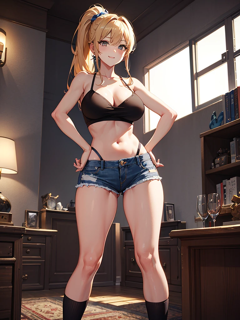 (highest quality, High resolution, perfect pixel, Depth of bounds written, 4K), upper body, (chair), (looking down), (detailed eyes), (1 lady), tall, (skinny body:1.2), (thin thighs:1.2), (Narrow hips:1.2), (black tube tops:1.2), bellybutton, sleeveless, (denim skirt:1.2), middle breasts, blond hair, (ponytail:1.2), (standing:1.2), (hands on hips:1.2), contrapposto, (seductive smile),