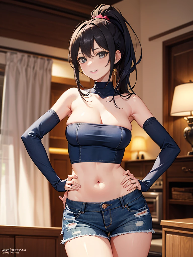 (highest quality, High resolution, perfect pixel, Depth of bounds written, 4K), upper body, (chair), (looking down), (detailed eyes), (1 lady), tall, (skinny body:1.2), (thin thighs:1.2), (Narrow hips:1.2), (black tube tops:1.2), bellybutton, sleeveless, (denim skirt:1.2), middle breasts, blond hair, (ponytail:1.2), (standing:1.2), (hands on hips:1.2), contrapposto, (seductive smile),