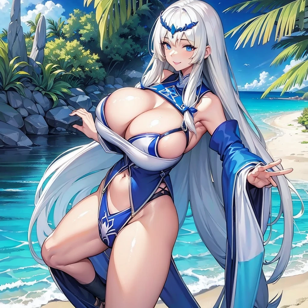 Big breast,long white hair,blue bikini,seductive smile,beach