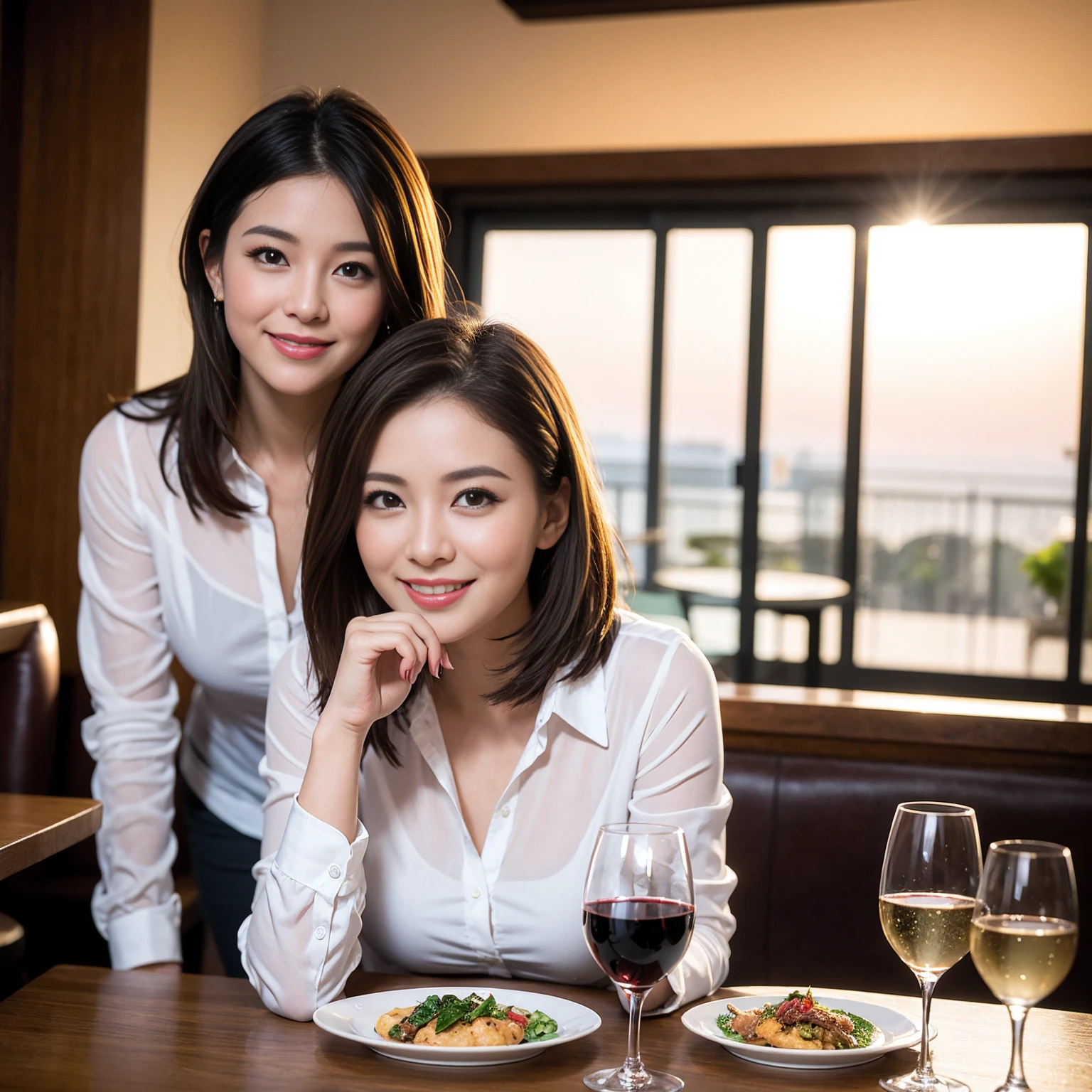 ((Highest quality、8K、masterpiece:1.3))、slimカップル、Pink rubber、modelカップル、(Realistic, Intricate details:1.2), full-course dinner、Wine Party、Amazing view of the sunset sky and clouds、A bright smile、The wonderfulness of smile、Bright image、The beauty of wine, Beautiful Face, blue eyes, The light shines on your face, Blushing, short hair,Bright Face、 (Age 37), 39 years old, red wine 、Appetizers、Italian food、Wine bottle、Champagne、sparkling wine、Two beauties、Brown Hair、Shortcuts、Long sleeve shirt、dress、Beautiful woman 1, (slimな顔), (The body is slim), (Brown Hair), (Shortcuts), cheeks turn a little red,Attractive beauty、restaurant, In a prominent place (From the waist up) Nova Frog Style, actress, model, Upper Body, White wine, slim, wine glass, 中央に置かれたwine glass, smile, (smile: 1.15), Beautiful fine grain, Depth f/2,saturation, High Contrast, Strong light and shadow,Moist Body:1.5、3D texture、Delicate eyes、Brown Hair、The hair is very shiny、