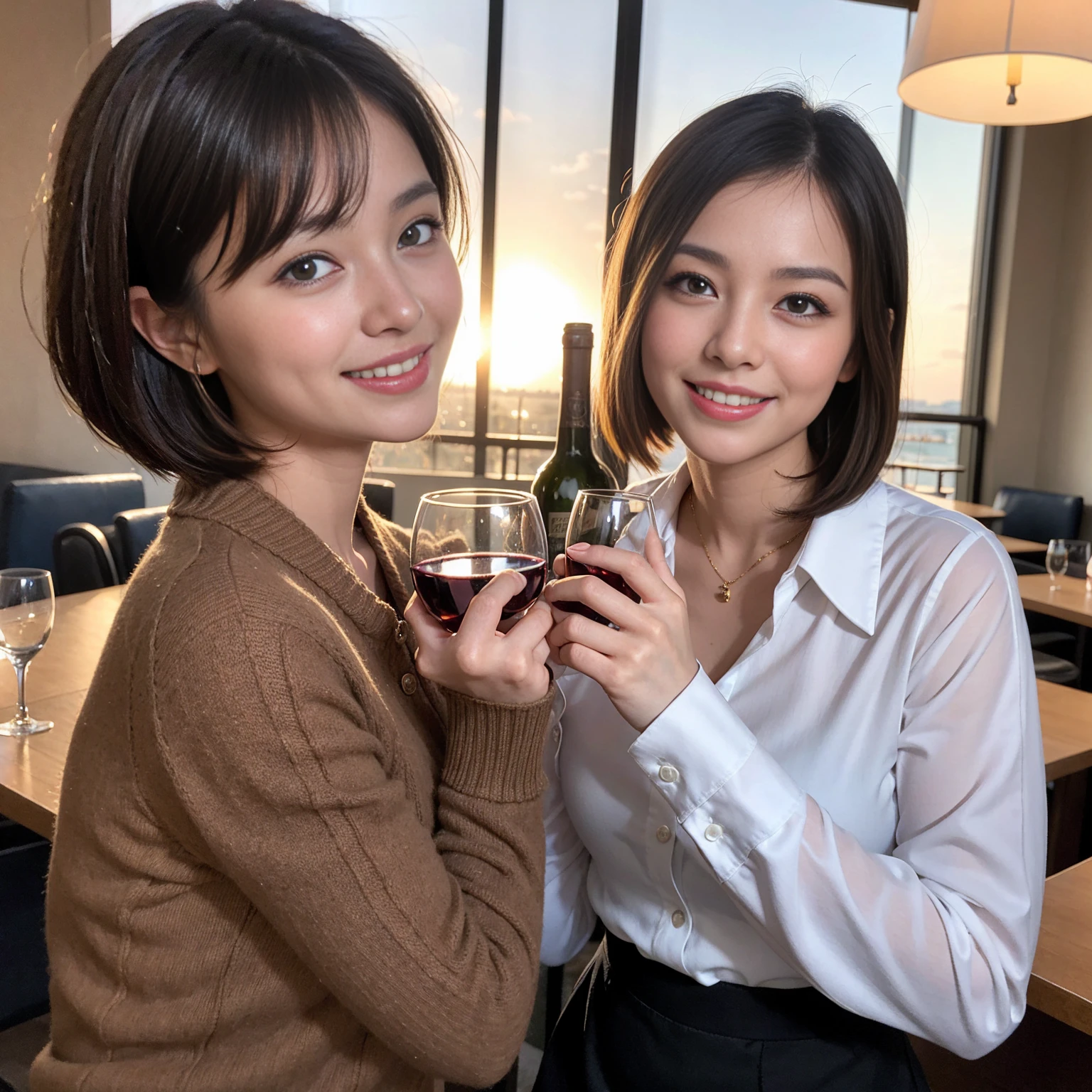 ((Highest quality、8K、masterpiece:1.3))、slimカップル、Pink rubber、modelカップル、(Realistic, Intricate details:1.2), full-course dinner、Wine Party、Amazing view of the sunset sky and clouds、A bright smile、The wonderfulness of smile、Bright image、The beauty of wine, Beautiful Face, blue eyes, The light shines on your face, Blushing, short hair,Bright Face、 (Age 37), 39 years old, red wine 、Appetizers、Italian food、Wine bottle、Champagne、sparkling wine、Two beauties、Brown Hair、Shortcuts、Long sleeve shirt、dress、Beautiful woman 1, (slimな顔), (The body is slim), (Brown Hair), (Shortcuts), cheeks turn a little red,Attractive beauty、restaurant, In a prominent place (From the waist up) Nova Frog Style, actress, model, Upper Body, White wine, slim, wine glass, 中央に置かれたwine glass, smile, (smile: 1.15), Beautiful fine grain, Depth f/2,saturation, High Contrast, Strong light and shadow,Moist Body:1.5、3D texture、Delicate eyes、Brown Hair、The hair is very shiny、
