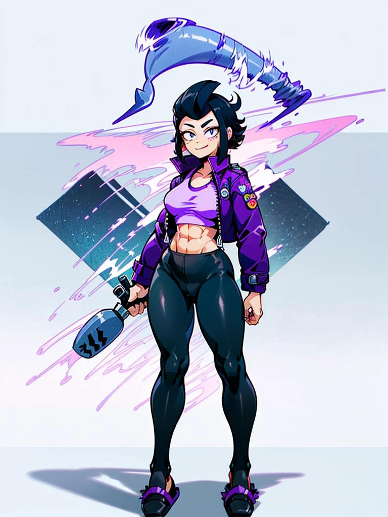 (((My Hero Academia Style))), (((Bibi))), (((Brawl Stars))), (((1girl))), (((female))), (((Wide hips))), (((wide thighs))), (((medium breasts))), (((blue spiked leather jacket))), (((blue leather jacket))), (( (leather jacket with spikes))), (((lilac top tank))), (((top tank))), (((Abs))), (((exposed abdomen))), (((marked abdomen))), (((tight leggings black))), (((tight leggings))), (((black leggings))), (((baseball bat))), (((Holding a baseball bat))), (((holding a bat))), (((shark smile))), (((lilac eyes))), (((evil smile))), (((traditional black slippers))), (((black slippers))), (((traditional slippers))), (((hair black))), (((pompadour hairstyle))), (((black hair pompadour hairstyle))), (((perfect anatomy))), (((perfect hands))), (((super detailed))), ( ((full body photo:1.5))), (((cowboy shot:1.5))),