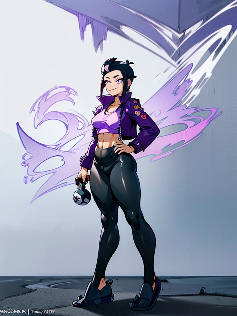 (((My Hero Academia Style))), (((Bibi))), (((Brawl Stars))), (((1girl))), (((female))), (((Wide hips))), (((wide thighs))), (((medium breasts))), (((blue spiked leather jacket))), (((blue leather jacket))), (( (leather jacket with spikes))), (((lilac top tank))), (((top tank))), (((Abs))), (((exposed abdomen))), (((marked abdomen))), (((tight leggings black))), (((tight leggings))), (((black leggings))), (((baseball bat))), (((Holding a baseball bat))), (((holding a bat))), (((shark smile))), (((lilac eyes))), (((evil smile))), (((traditional black slippers))), (((black slippers))), (((traditional slippers))), (((hair black))), (((pompadour hairstyle))), (((black hair pompadour hairstyle))), (((perfect anatomy))), (((perfect hands))), (((super detailed))), ( ((full body photo:1.5))), (((cowboy shot:1.5))),