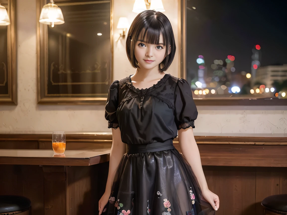 (Highest quality, masterpiece, Ultra-high resolution, 8K, RAW Photos, Realistic, Anatomically correct:1.5), 20-year-old girl:1.2, Embarrassing, avert your eyes, blush:1.0, View Viewer, ((Bar Lounge)) 、Large windows、Night view、 Light:1.2, Bokeh, Cinema Lighting:1.0, Depth of written boundary, sharp、 Cute face、Idol、(Black short sleeve tulle top)、(Black tulle skirt)、(Black clothing)、”(dwarf)”、(Floral clothes)、(Full Body Shot)、Side angle、Cowboy Shot、 smile、(Ultra short hair)、(Short bob cut)、(Straight bangs)、(( One Girl))、Large Breasts、(Navel shows through)、