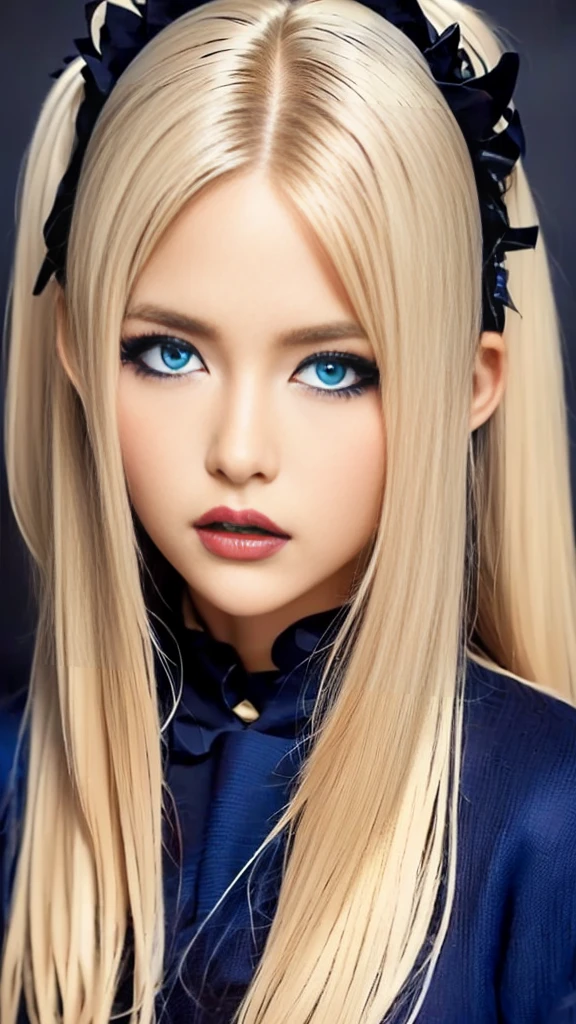 (((Masterpiece, Superior quality, ultra detailed))), (((1 Infinity Magician Girl))), 14 years old, (((Very detailed face))), small and thin nose, small mouth with thin lips, (((very focused eyes))), Very large slit precision  blue eyes, shining like jewels. very long eyelashes, Long blonde hair in blonde vertical curls, with fringes, ((, gothic lolita fashion))