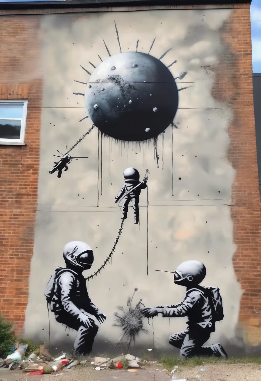 masterpiece, best quality, super detailed, Banksy style, Banksy-style mural criticizing space war, alien massacre