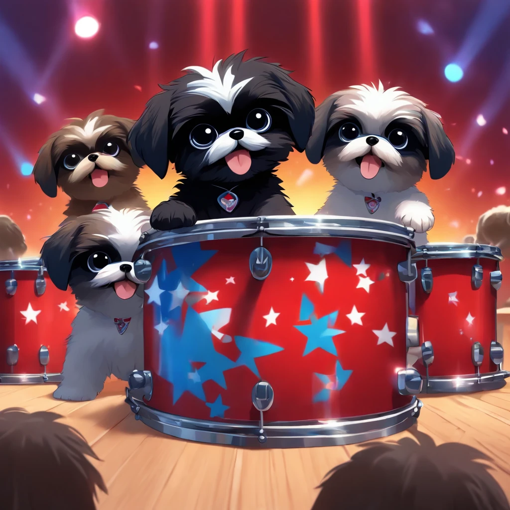2 Adorable small happy black Shih Tzu puppies wearing sunglasses playing guitar playing drums on a concert stage red white and blue background
Pixar 3D cartoon

