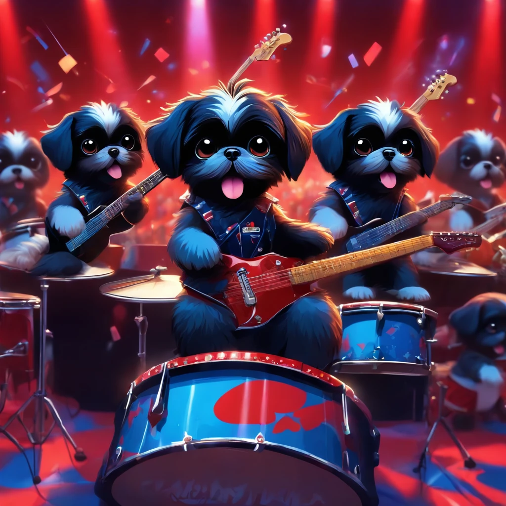 2 Adorable small happy black Shih Tzu puppies wearing sunglasses playing guitar playing drums on a concert stage red white and blue background
Pixar 3D cartoon