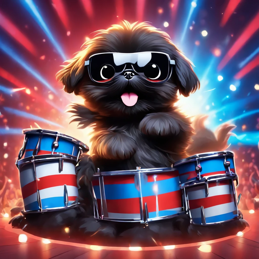 2 Adorable small happy black Shih Tzu puppies wearing sunglasses playing guitar playing drums on a concert stage red white and blue background
Pixar 3D cartoon
