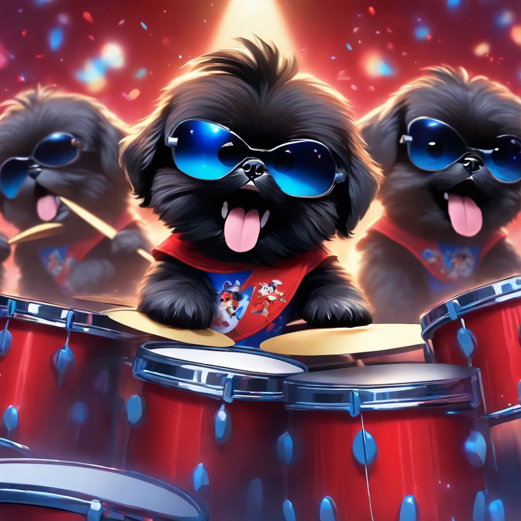 2 Adorable small happy black Shih Tzu puppies wearing sunglasses playing guitar playing drums on a concert stage red white and blue background
Pixar 3D cartoon

