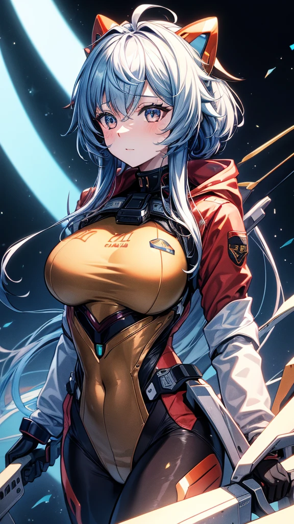 (8K, best quality, masterpiece:1.2), Super detailed, masterpiece, Realistic lighting,masterpiece, best quality, masterpiece, official art,extremely detailed CG unity 8K wallpaper,Beautiful and delicate eyes, There is light on the face, 1 girl, Asuka,Upper Body, breast, pilot_suit, plugsuit, Red_Jacket, windbreaker, Gloves, bandage, hair_decoration, support,