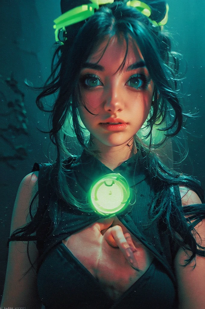 a close up of a woman with green eyes and a black background, loish art style, loish |, neon and dark, jen bartel, inspired by loish, loish and wlop, green glows, green glowing eyes, glowing in the dark, glowing aesthetic, unearthly art style, glowing green, with glowing eyes, cyan and green