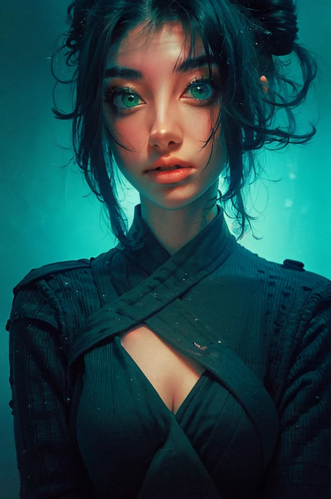 a close up of a woman with green eyes and a black background, loish art style, loish |, neon and dark, jen bartel, inspired by loish, loish and wlop, green glows, green glowing eyes, glowing in the dark, glowing aesthetic, unearthly art style, glowing green, with glowing eyes, cyan and green