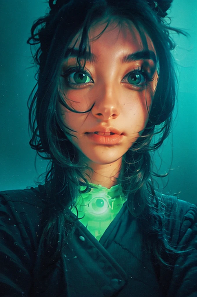 a close up of a woman with green eyes and a black background, loish art style, loish |, neon and dark, jen bartel, inspired by loish, loish and wlop, green glows, green glowing eyes, glowing in the dark, glowing aesthetic, unearthly art style, glowing green, with glowing eyes, cyan and green
