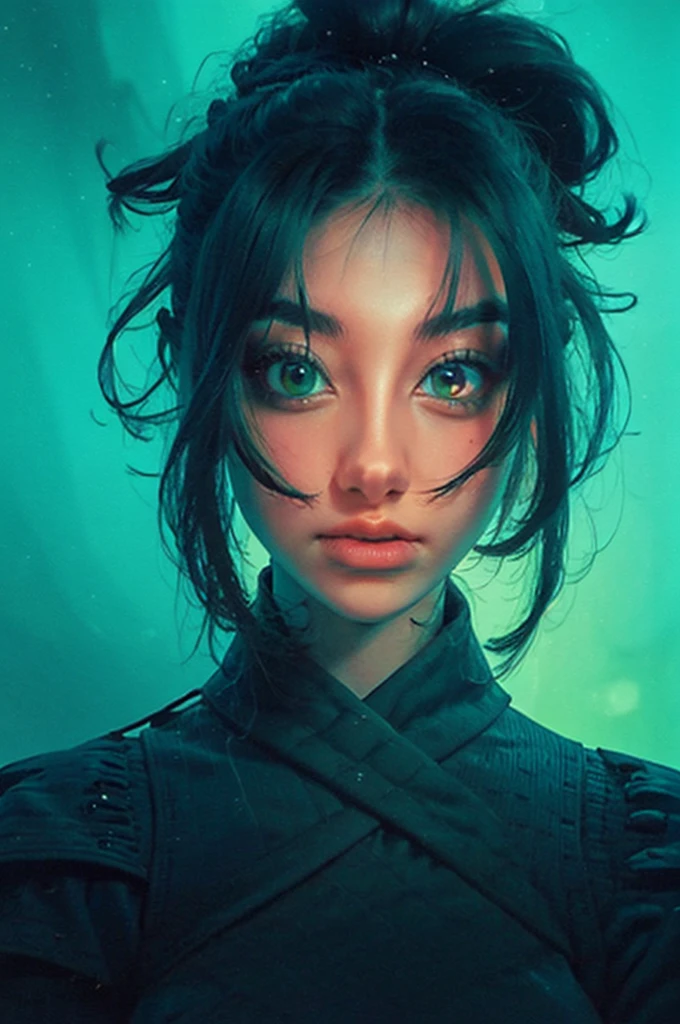 a close up of a woman with green eyes and a black background, loish art style, loish |, neon and dark, jen bartel, inspired by loish, loish and wlop, green glows, green glowing eyes, glowing in the dark, glowing aesthetic, unearthly art style, glowing green, with glowing eyes, cyan and green