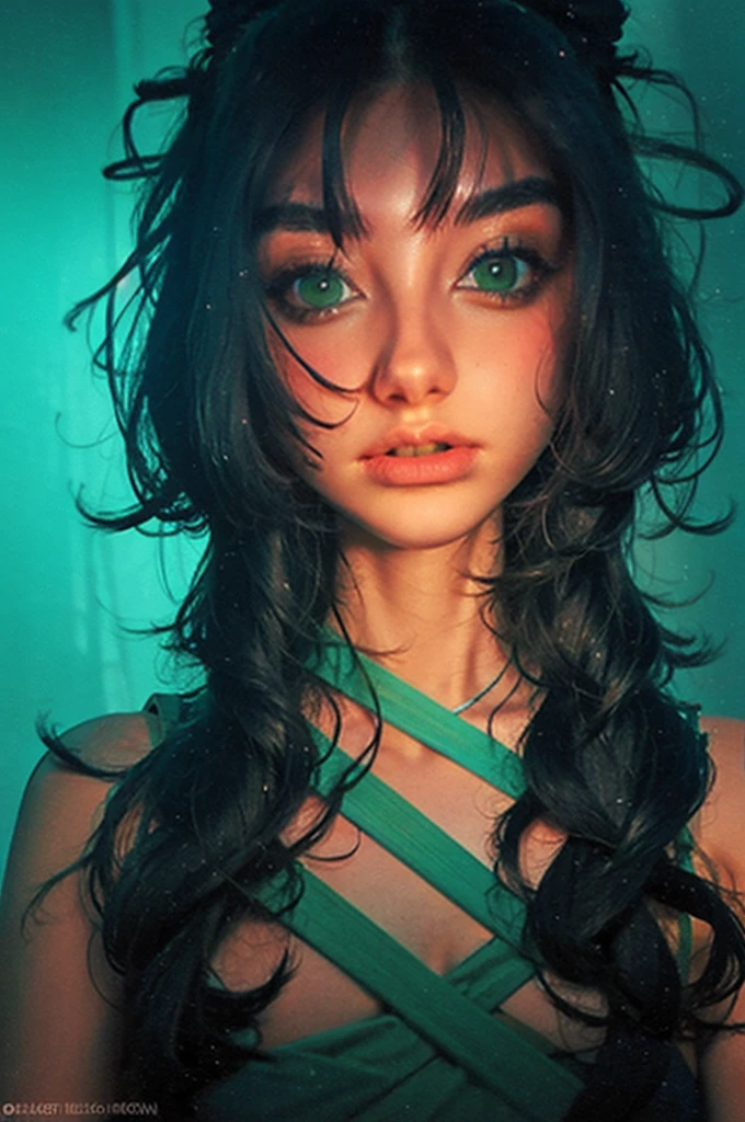 a close up of a woman with green eyes and a black background, loish art style, loish |, neon and dark, jen bartel, inspired by loish, loish and wlop, green glows, green glowing eyes, glowing in the dark, glowing aesthetic, unearthly art style, glowing green, with glowing eyes, cyan and green