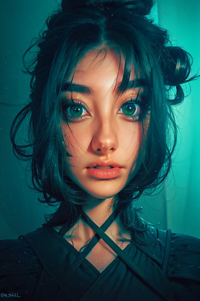 a close up of a woman with green eyes and a black background, loish art style, loish |, neon and dark, jen bartel, inspired by loish, loish and wlop, green glows, green glowing eyes, glowing in the dark, glowing aesthetic, unearthly art style, glowing green, with glowing eyes, cyan and green