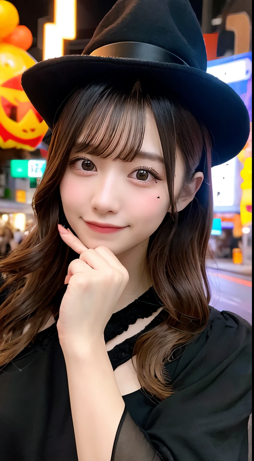 high quality, 最high quality, masterpiece, Very fine、beautifully、detailed, Professional photos, Proper Lighting,
Very beautiful girl, Beautiful Face, Face Tattoos,
Halloween Costumes, Black short dress, Black witch hat, Orange Accessories,
smile, Laughter, Blushed, (thin, Pale skin,:0.8)
Very straight medium hair with single blades,
(Bokeh, Dynamic Angle, city, on the road, Midnight, Shibuya Ward,:0.8)