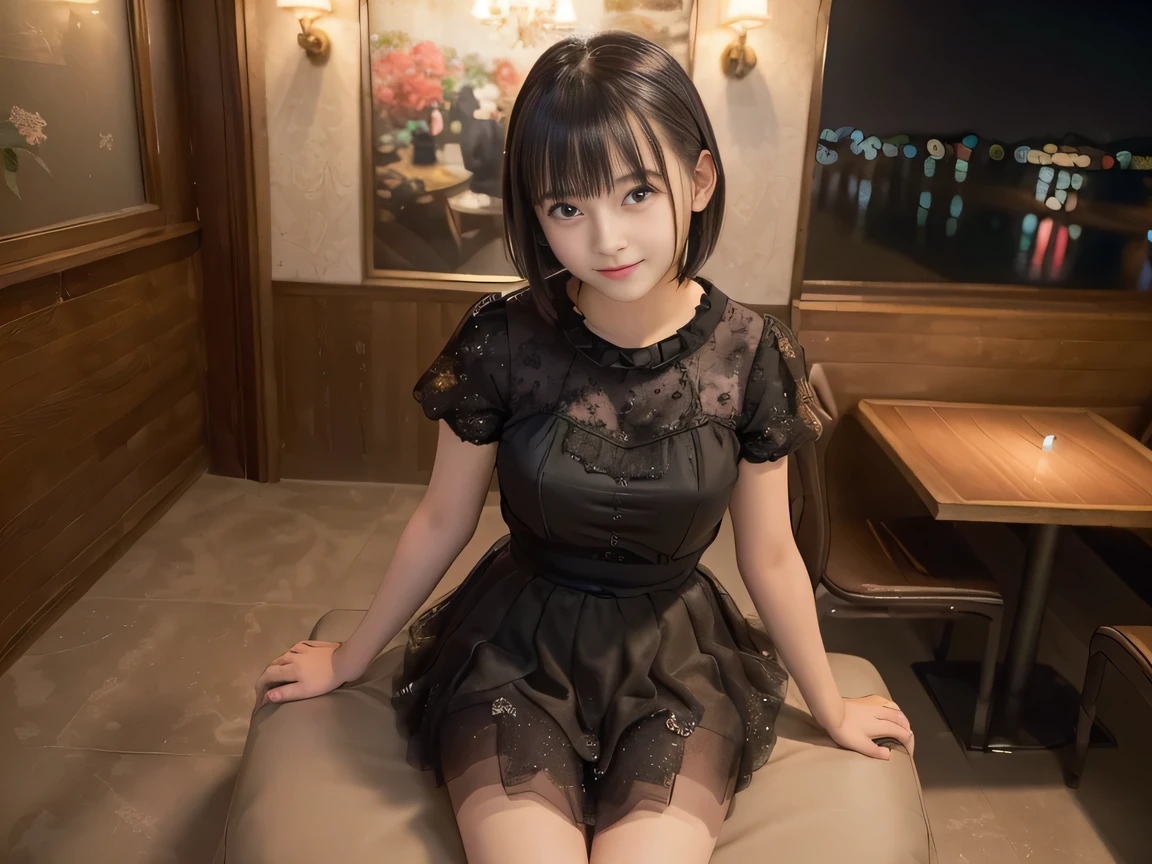 (Highest quality, masterpiece, Ultra-high resolution, 8K, RAW Photos, Realistic, Anatomically correct:1.5), 20-year-old girl:1.2, Embarrassing, avert your eyes, blush:1.0, View Viewer, ((Bar Lounge)) 、Large windows、Night view、 Light:1.2, Bokeh, Cinema Lighting:1.0, Depth of written boundary, sharp、 Cute face、Idol、(Black short sleeve tulle top)、(Black tulle skirt)、(Black clothing)、”(dwarf)”、(Floral clothes)、(Full Body Shot)、Side angle、Cowboy Shot、 smile、(Ultra short hair)、(Short bob cut)、(Straight bangs)、(( One Girl))、Large Breasts、(Navel shows through)、
