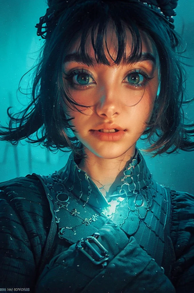 a close up of a woman with green eyes and a black background, loish art style, loish |, neon and dark, jen bartel, inspired by loish, loish and wlop, green glows, green glowing eyes, glowing in the dark, glowing aesthetic, unearthly art style, glowing green, with glowing eyes, cyan and green