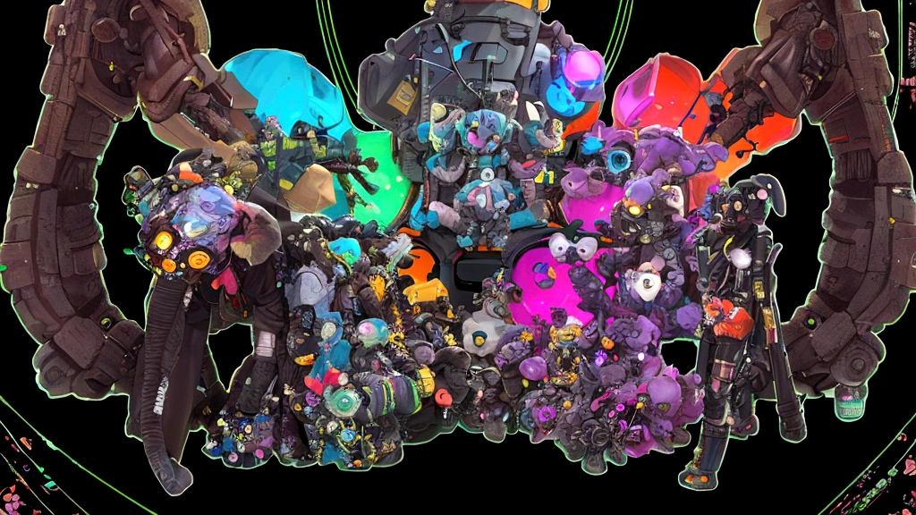 there is a robot with many arms and legs, holding a bunch of toys: (baby elephant,chick,puppy,bunny) toys on chest, Love death and Robots, anime robotics, mixed with organics, reypunk, Official work of art, cool composition, Neon punk, Love death + Robots, death and Robots, Colorful sci-fi steampunk, Cyberpunk Pikachu, Cyberpunk, bright colors, bright fan art, high detailed Official work of art, cyber core