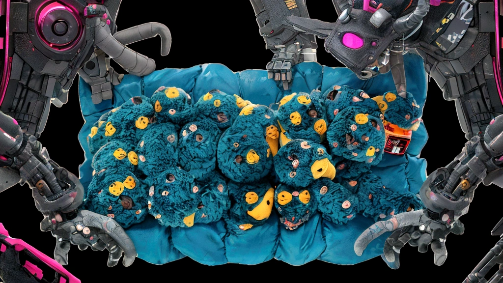 there is a robot with many arms and legs, holding a bunch of toys: (baby elephant,chick,puppy,bunny) toys on chest, Love death and Robots, anime robotics, mixed with organics, reypunk, Official work of art, cool composition, Neon punk, Love death + Robots, death and Robots, Colorful sci-fi steampunk, Cyberpunk Pikachu, Cyberpunk, bright colors, bright fan art, high detailed Official work of art, cyber core